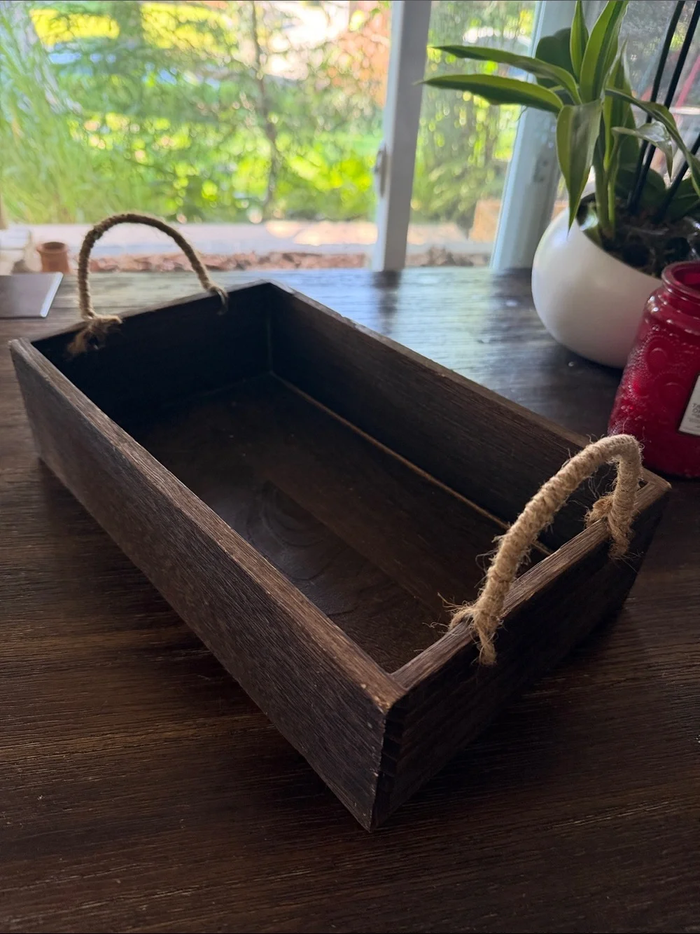 Rustic Dark Brown Wooden Tray with Rope Handles